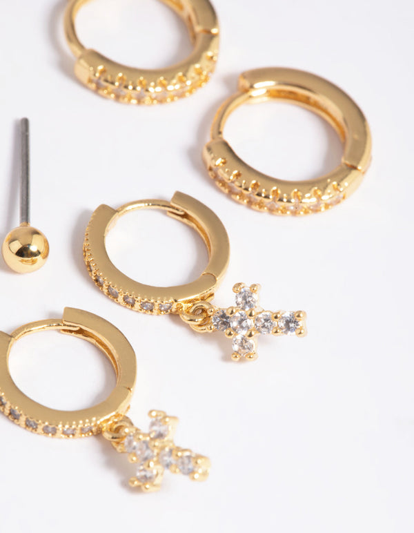 Gold Plated Cubic Zirconia Pave Cross Earring Stack Pack