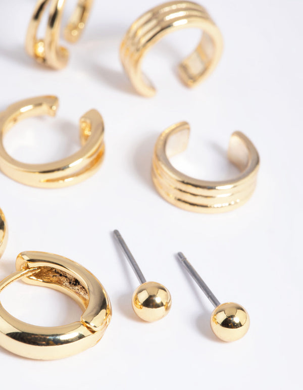 Gold Plated Huggie and Cuff Earring Stack Pack
