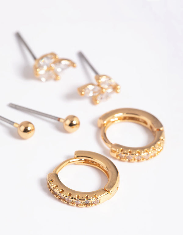 Gold Plated Cubic Zirconia Leaf Earring Stack Pack