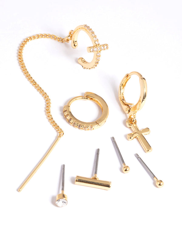 Gold Plated Chain Cross Earring Stack Pack