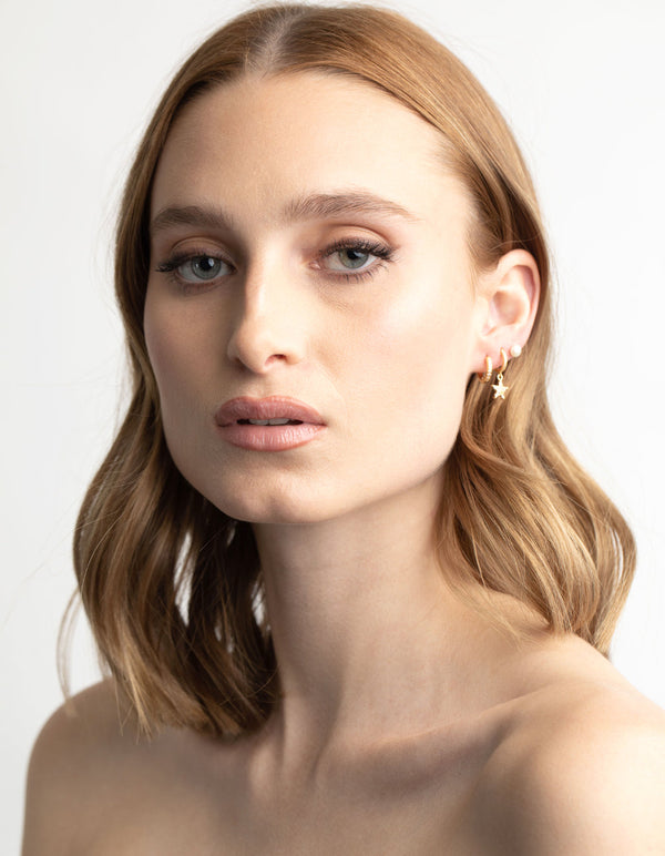 Gold Plated Cubic Zirconia Pearl and Star Earring Stack Pack
