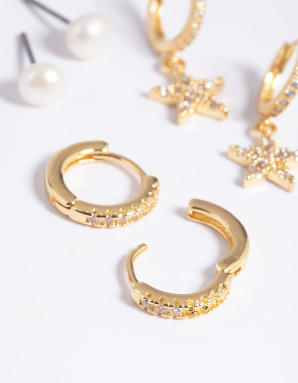 Gold Plated Cubic Zirconia Pearl and Star Earring Stack Pack