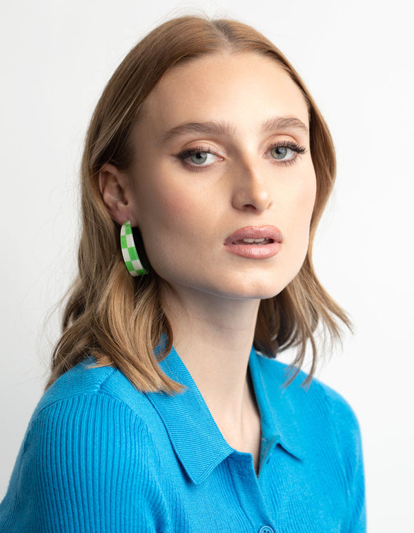 Green 40mm Check Hoop Earrings