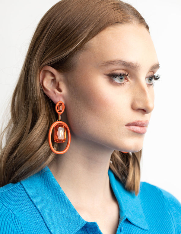 Matte Orange Circle Diamante Drop Earrings