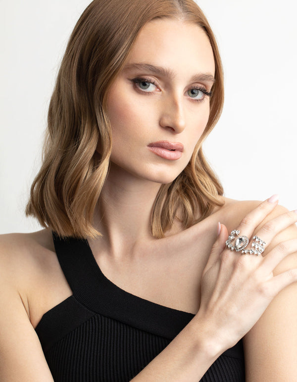 Rhodium Pear Double Finger Ring