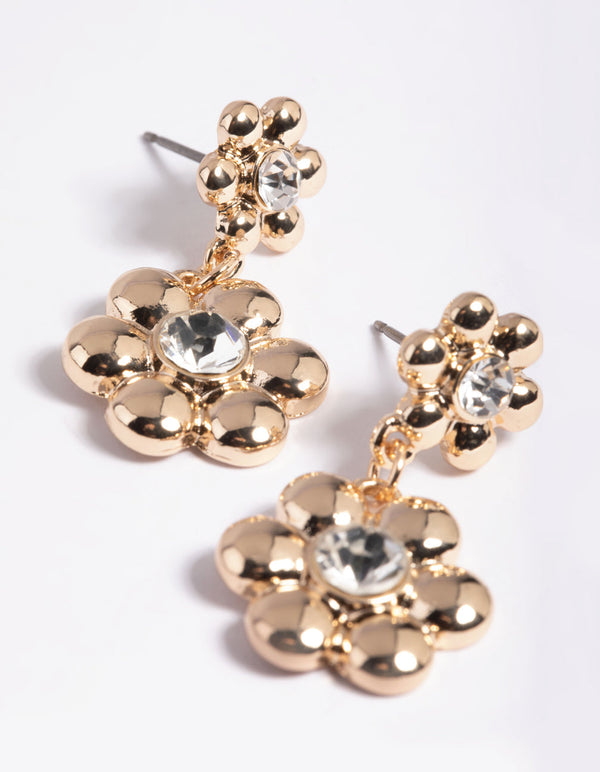 Gold Diamante Flower Drop Earrings