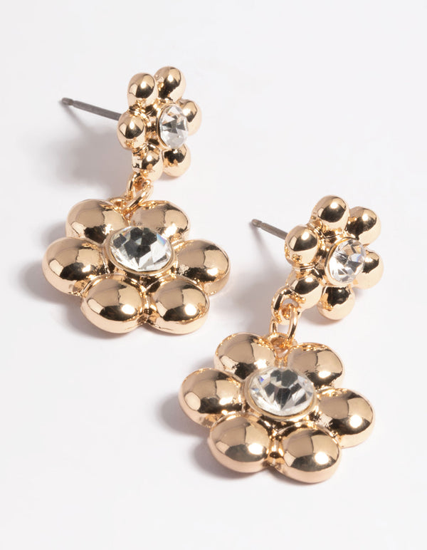 Gold Diamante Flower Drop Earrings