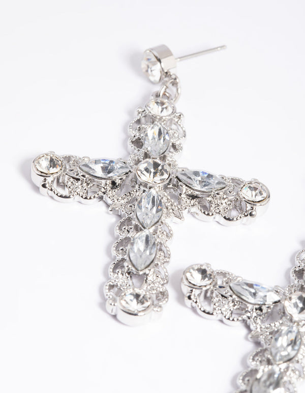 Rhodium Diamante Cross Drop Earrings