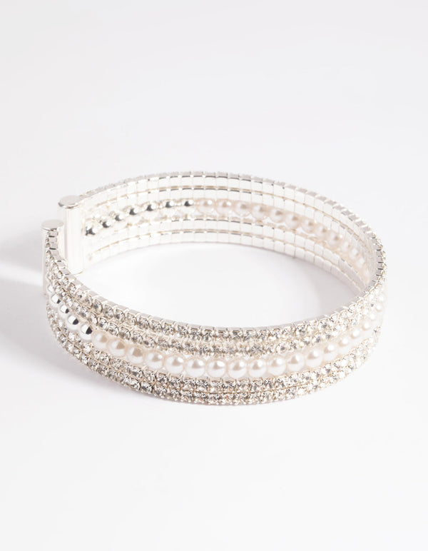 Silver Diamante and Pearl Cuff Bangle