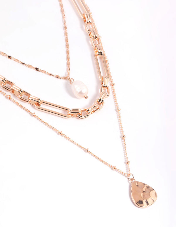 Rose Gold Multi Row Pearl and Coin Necklaces