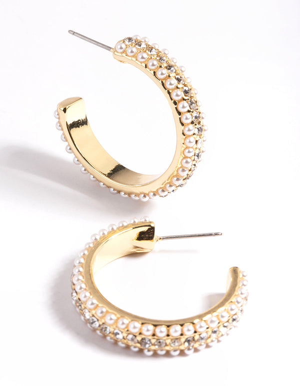 Gold Plated Diamond and Pearl Large Hoop Earrings