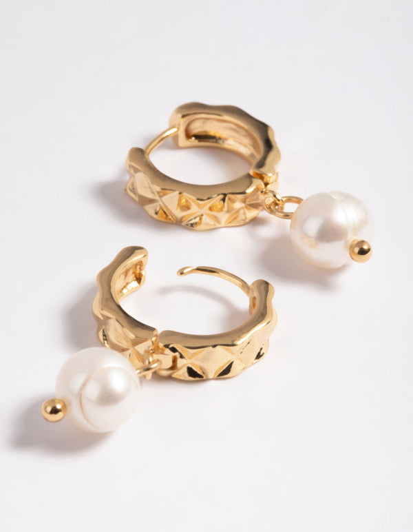 Gold Plated Fresh Water Pearl Diamond Huggie Earrings