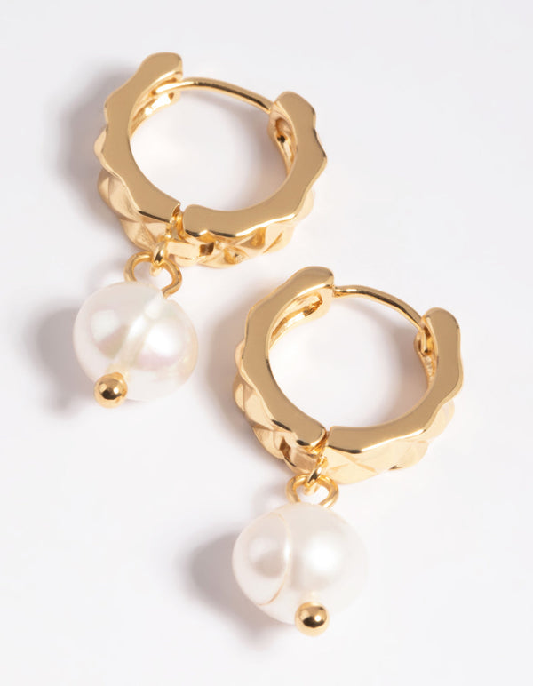 Gold Plated Fresh Water Pearl Diamond Huggie Earrings