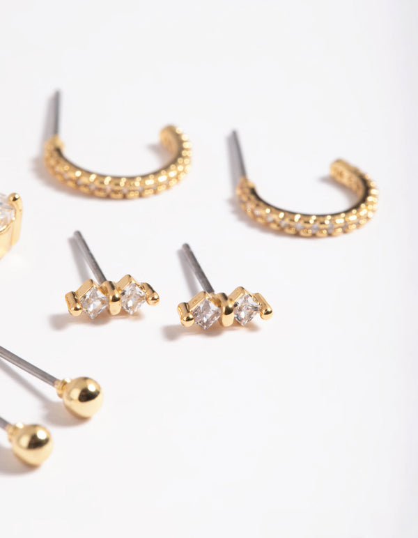 Gold Plated Cubic Zirconia Dainty Earring Pack