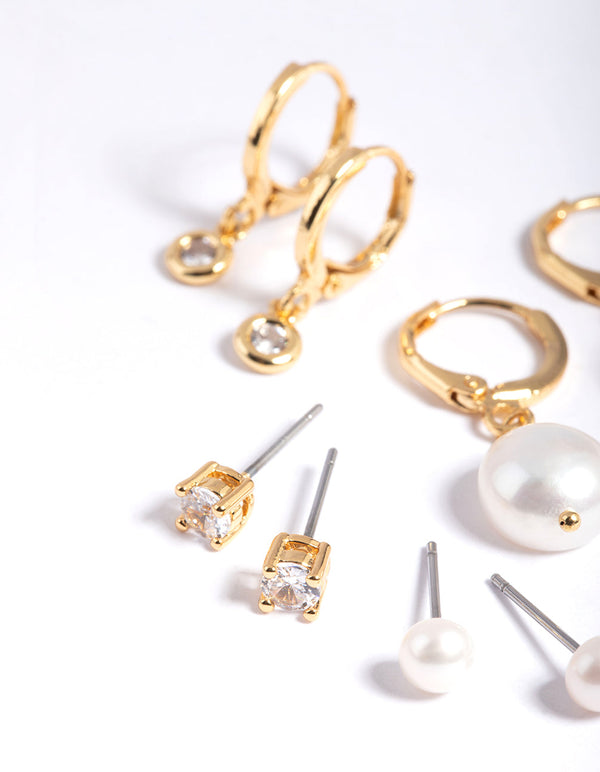 Gold Plated Freshwater Pearl Cubic Zirconia Earring Pack