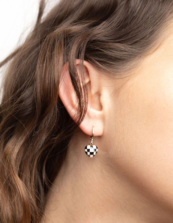 Gold Black and White Checkered Heart Huggie Earrings