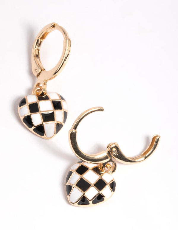 Gold Black and White Checkered Heart Huggie Earrings
