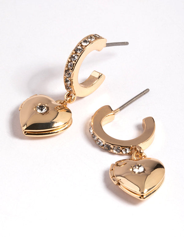 Gouden diamanten hartvormige medaillon Huggie hoepel oorbellen