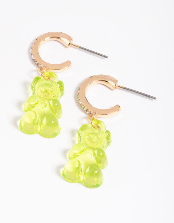 Gold Diamante Green Gummy Bear Earrings