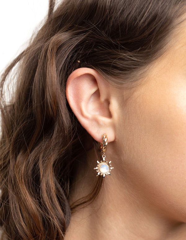 Gold Moonstone Celestial Huggie Hoop Earrings