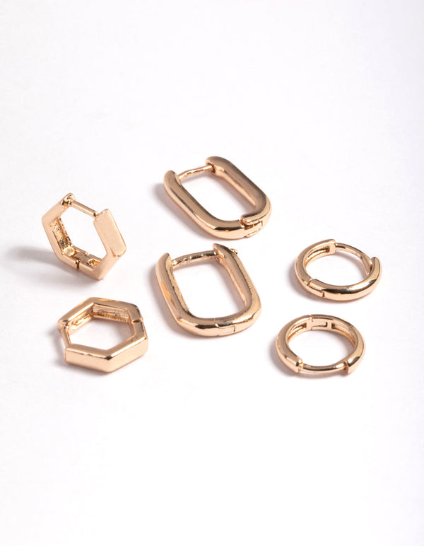 Gold Mini Shaped Huggie Earrings 3 Pack