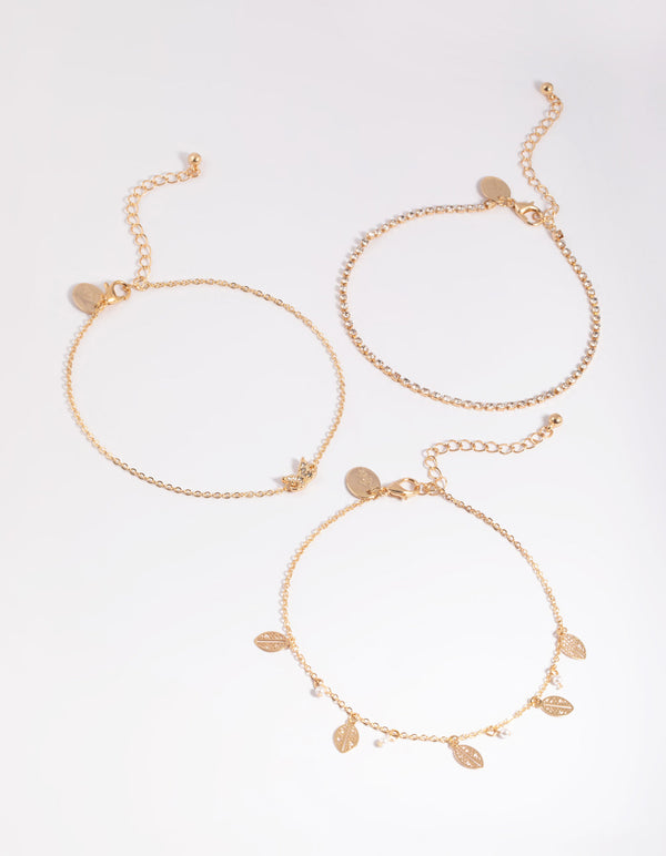 Gold Butterfly & Leaf Anklet 2 Pack