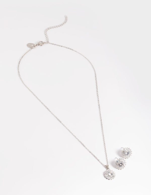 Rhodium Diamond Simulant Halo Studs and Necklace