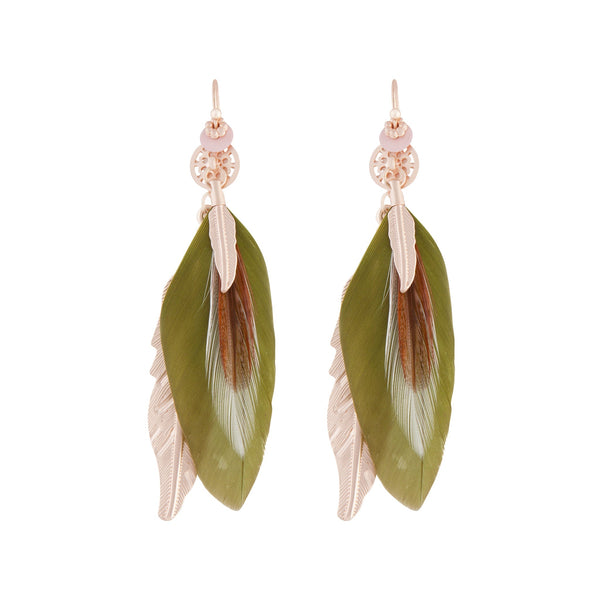 Rose Gold and Green Multi Feather Earrings