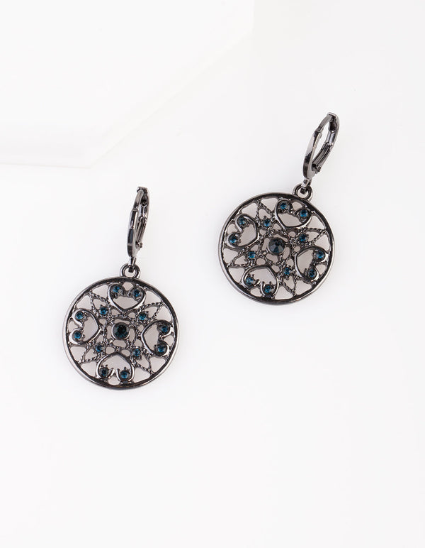 Deep Blue Filigree Huggie Hoop Earrings
