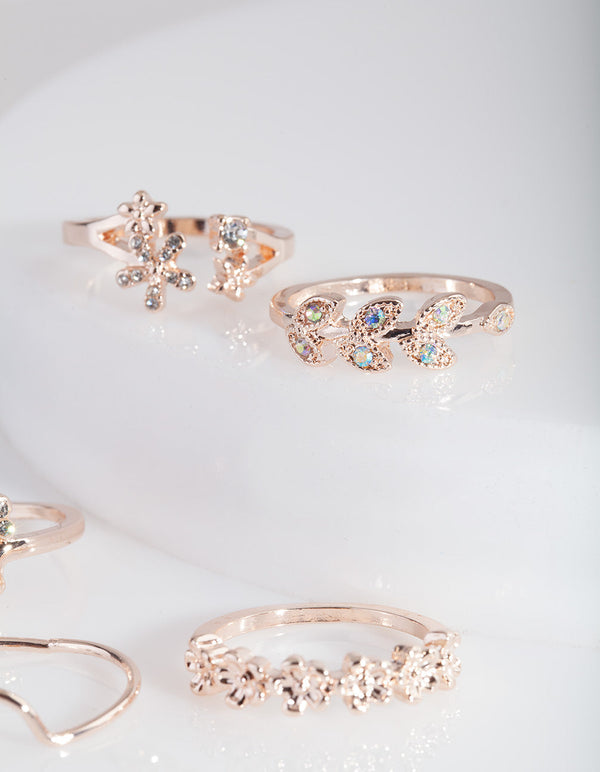 Rose Gold Floral Diamante Ring Pack