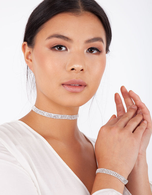 Four Row Diamante Choker and Bracelet Set