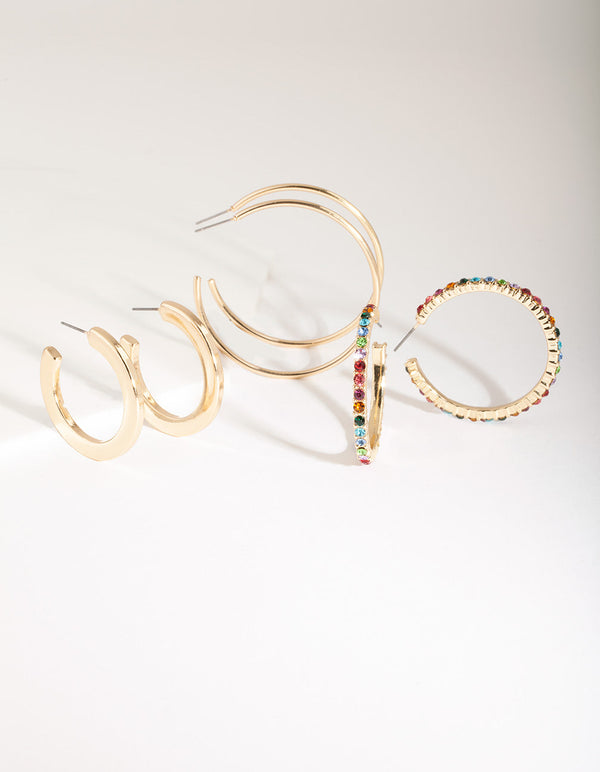 Gold Rainbow Diamante Hoop Earring Pack