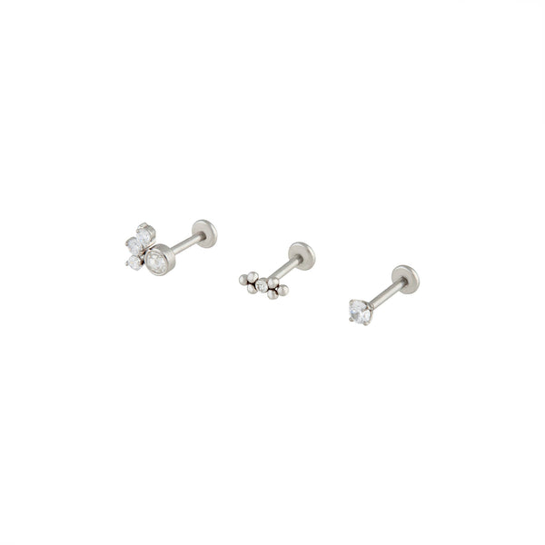 Rhodium Surgical Steel Dainty Diamante Flatback 3 Pack