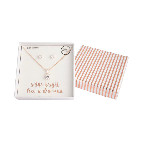 Rose Gold Cubic Zirconia Necklace Earrings Set