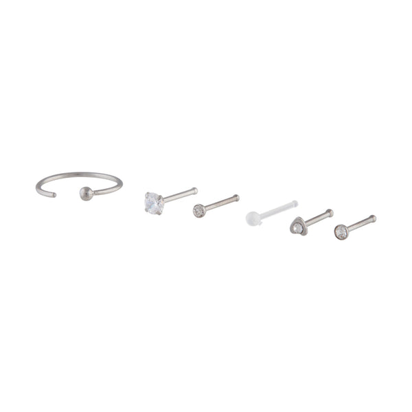 Silver Surgical Steel Mixed Nose Piercing 6-Pack