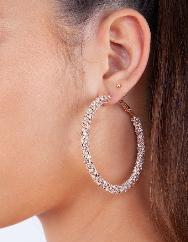 Rose Gold Large Cup Chain Diamante Hoop Earrings