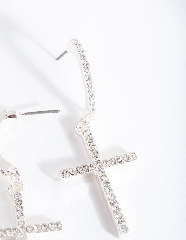 Silver Diamante Cross Earrings