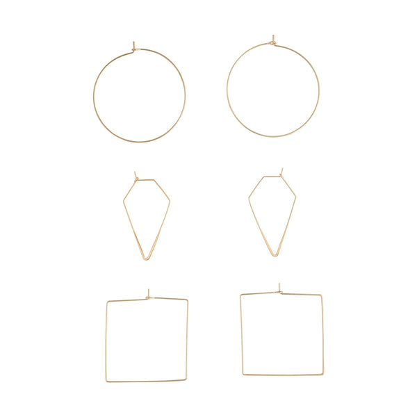 Złote geometryczne kolczyki koła, zestaw 3 sztuk
