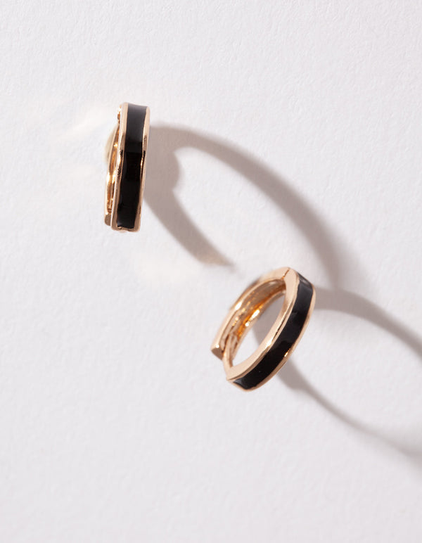 Silver Black Enamel Huggie Earrings