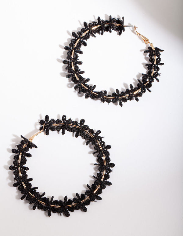 Black Gold Crochet Flower Hoop Earrings