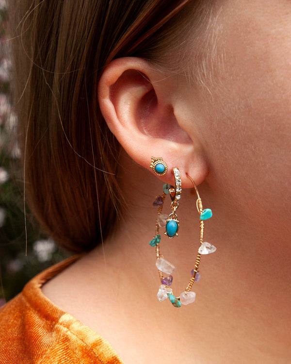 Rose Gold Turquoise, Rose Quartz, Amethyst Hoop Earrings