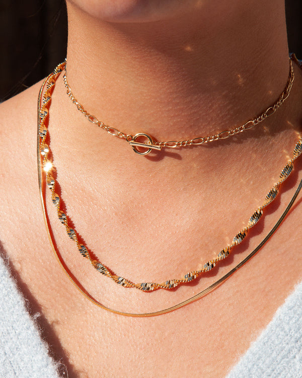 Real Gold Plated Figaro Chain T&O Short Necklace