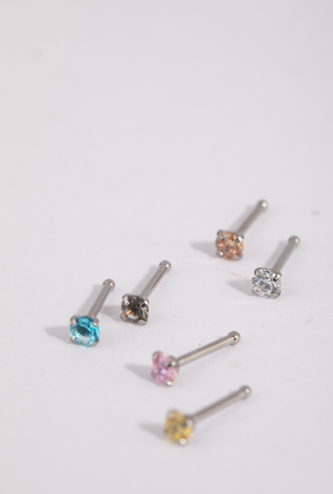 Rhodium Dainty Diamante Nose Hook 6 Pack