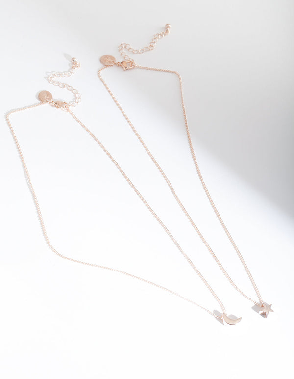 Rose Gold Polished Moon Star Necklace Set