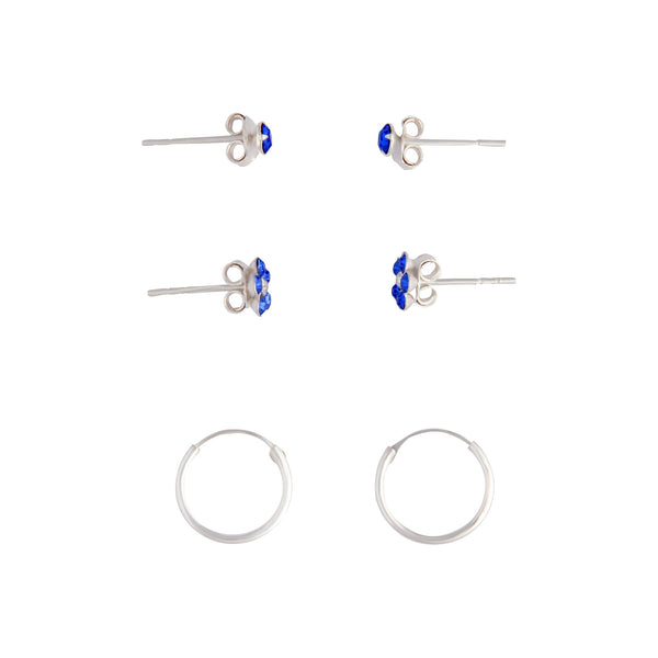 Sterling Silver Blue Stud, Flower And Hoop Pack