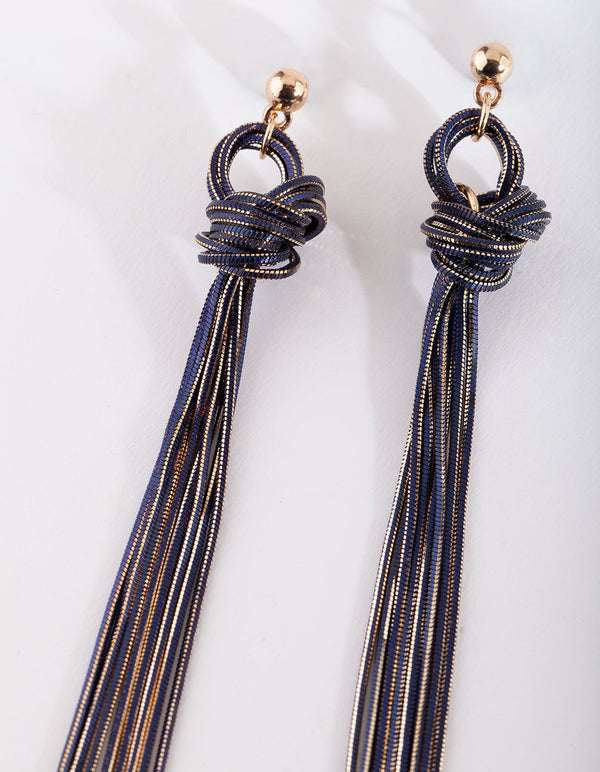 Gold and Dark Blue Metal Tassel Earrings