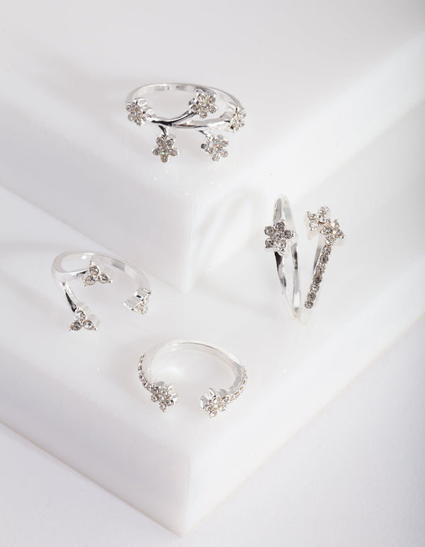 Silver Floral Diamante Ring Pack