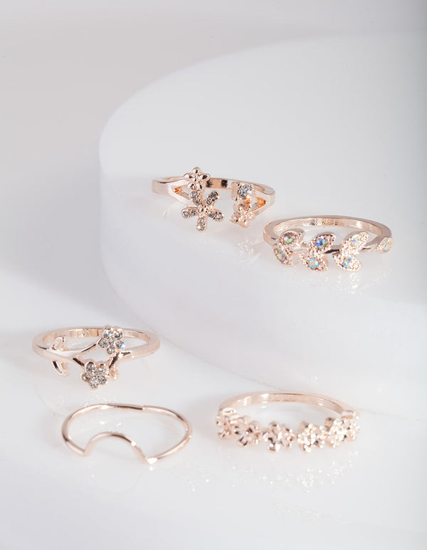 Rose Gold Floral Diamante Ring Pack
