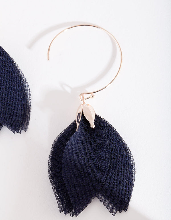 Navy Blue Fabric Flower Drop Earrings