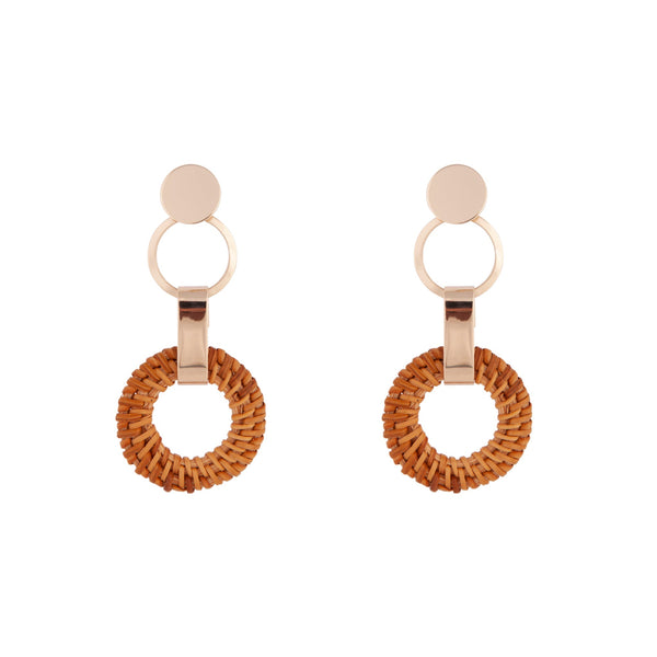 Gold Brown Raffia Circle Link Earrings